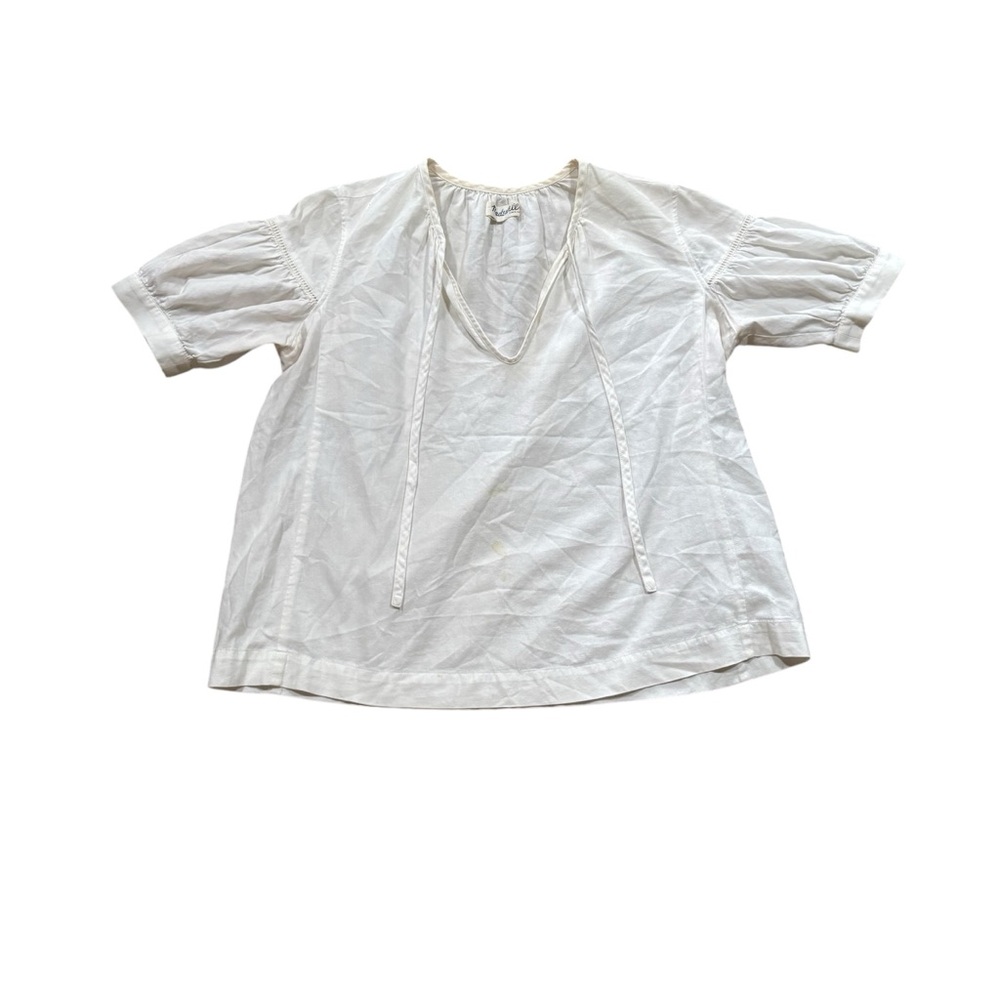 Madewell Ivory Cotton Short Sleeve Tie Neck Blouse Top Size Small